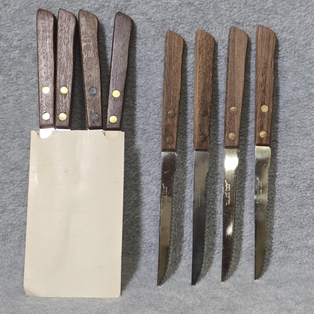 Vintage Hanford Forge Steak Knives Set 8 Brown Wood Handle Stainless Japan